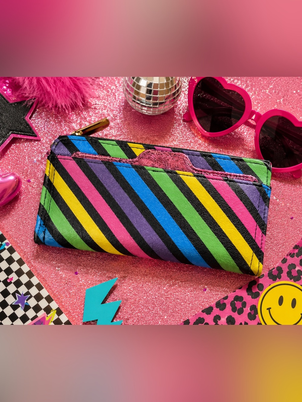 Glitter Rainbow Colorful Diagonal Stripe Zip Wallet with Removable Card Holder